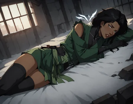 score_9, score_8_up, score_7_up, face focus, extreme closeup, detailed face, 1girl, woman, a mature female, (tall slim athletic female:1.3), skinny, dark-skinned female, black hair, (Lying on the back, pretending to make a snow angel),
gloves, thighhighs, japanese clothes, black gloves, black thighhighs, green kimono, bodysuit, belt,
(abandoned warehouse, industrial),
ch3shire,
<lora:ch3shire:1>,
<lora:Blacklight_XL:0.5> blacklight,
<lora:- SDXL - vanta-black_contrast_V3.0:0.5>,
<lora:Concept Art DarkSide Style LoRA_Pony XL v6:0.5>, low light,