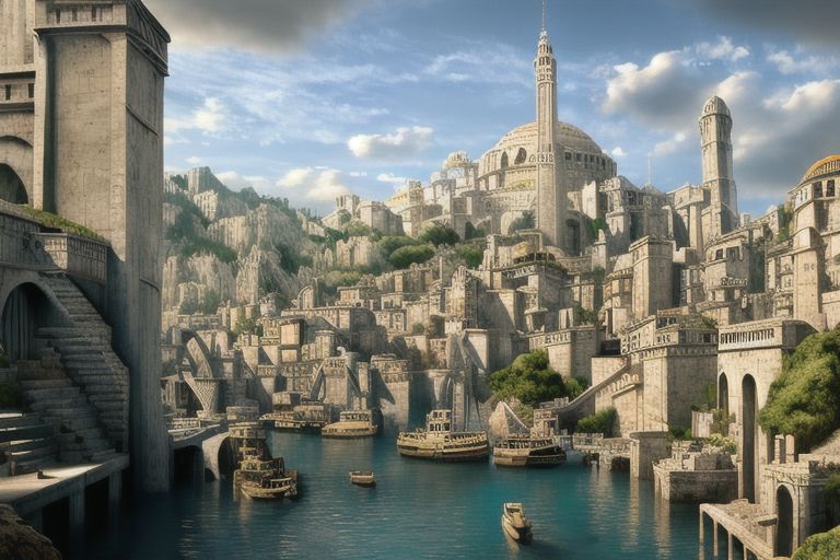 (masterpiece:1.2), (best quality,:1.2), 8k, HDR, ultra detailed, ((photorealistic)), professional light, cinematic lighting, fashion photography, ambient lighting, atmospheric effects, Numenor, a medieval fantasy city at the ocean, a big harbour, some ships, statues, towers, walls, <lora:Numenor-10:1>, in the style of Middle Earth, Tolkien, Minas Tirith, epiCPhoto