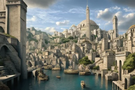 (masterpiece:1.2), (best quality,:1.2), 8k, HDR, ultra detailed, ((photorealistic)), professional light, cinematic lighting, fashion photography, ambient lighting, atmospheric effects, Numenor, a medieval fantasy city at the ocean, a big harbour, some ships, statues, towers, walls, <lora:Numenor-10:1>, in the style of Middle Earth, Tolkien, Minas Tirith, epiCPhoto
