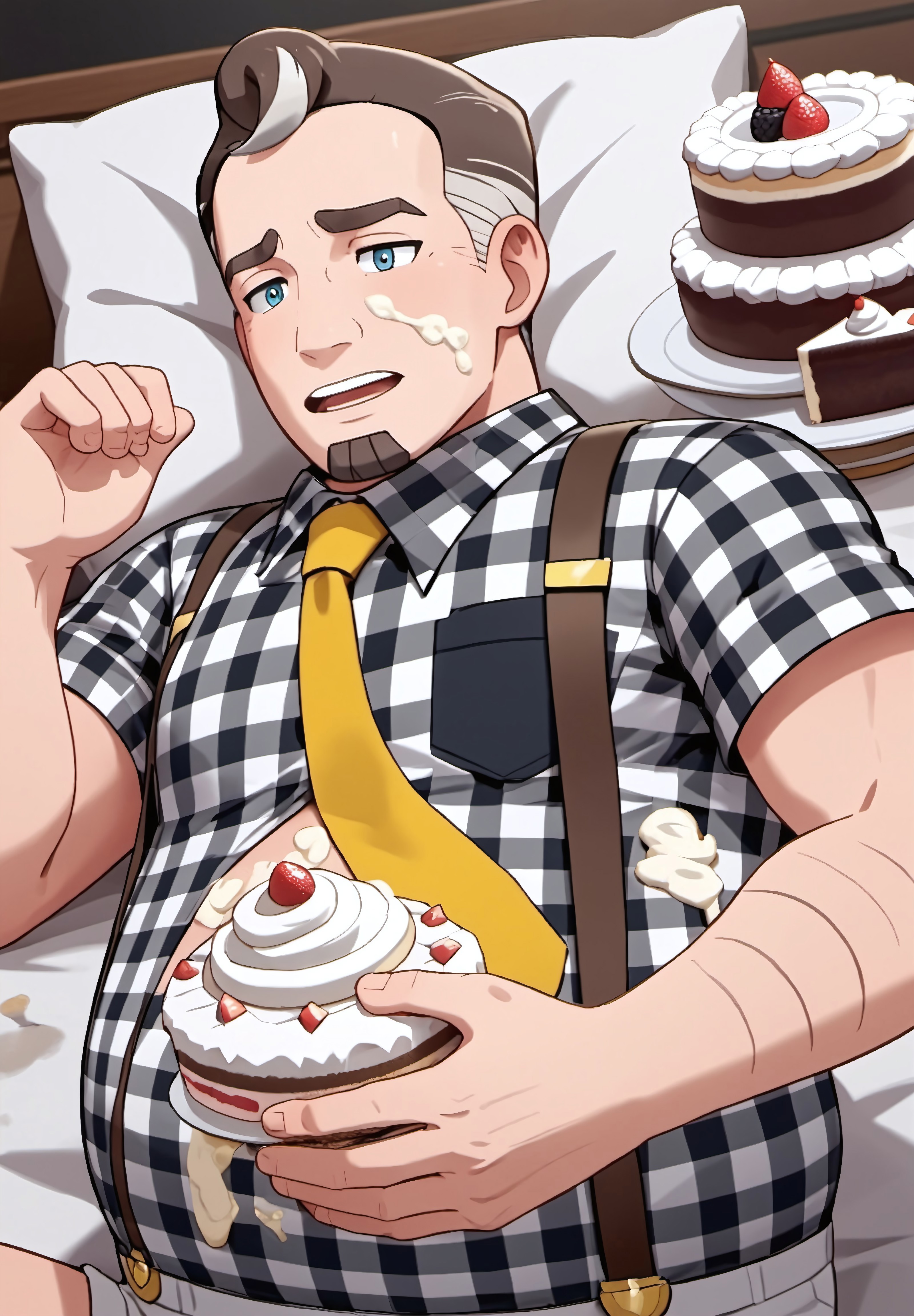 safe_pos, safe_pos, score_9, score_8_up, rating_nsfw, ultra hd, absurdres, best quality, masterpiece, masculine, solo, 1boy, 1male, male focus, best anatomy, best eyes, best hands, sexiest man alive, erotic, gay porn, cartoon art, cartoon art style,

POKESSCafe, POKESSCafeHair, yellow tie, plaid shirt, facial hair, suspenders, food spilled, cake, laying down, food on body, cream all over body, creamy, messy, cream on body, shocked, seductive look, ExpressiveH