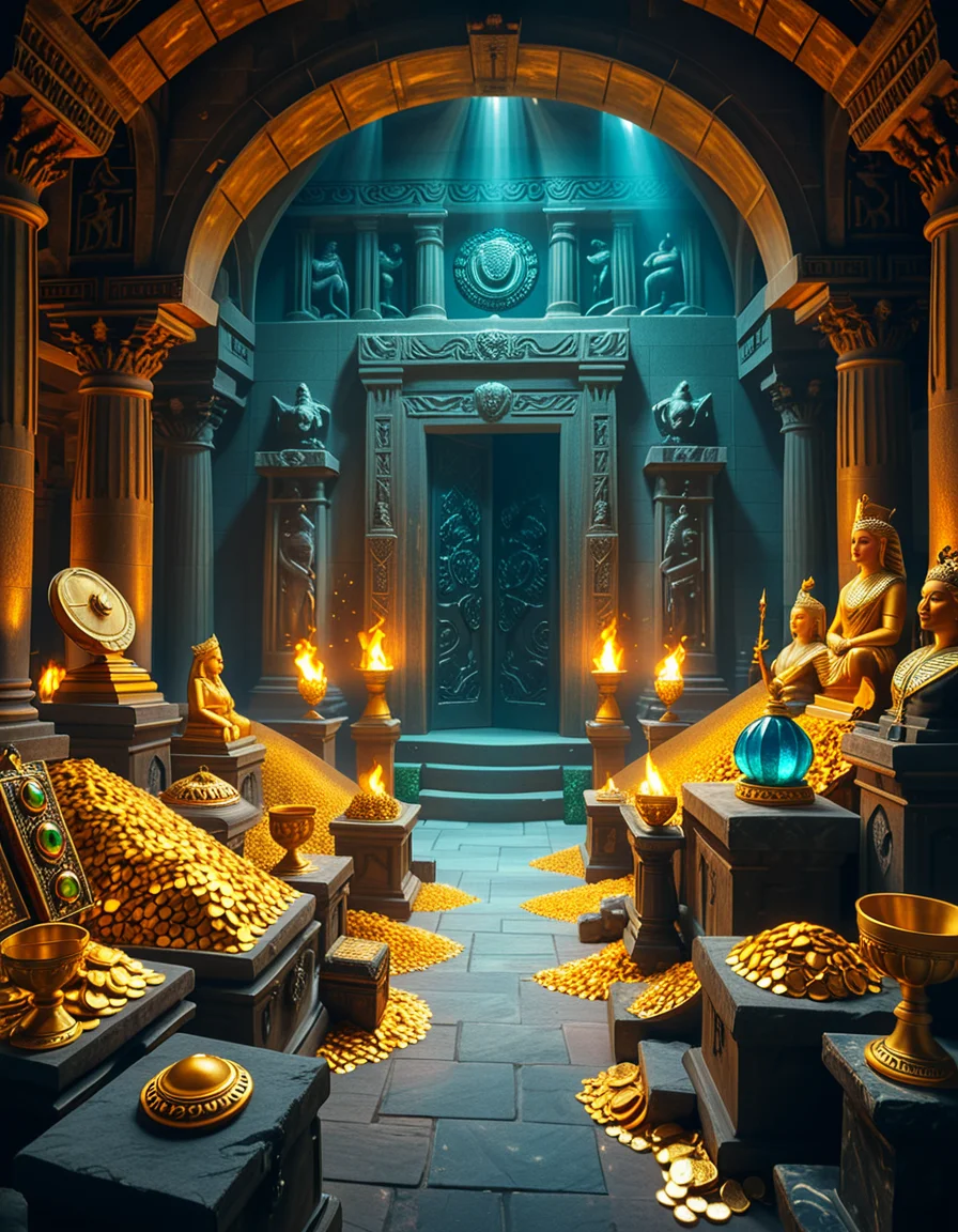 A hidden treasure chamber deep within an ancient temple, illuminated by the warm golden glow of torches and mystical blue light from enchanted crystals. The room is filled with piles of gold coins, jewel-encrusted goblets, and ancient artifacts covered in dust. Massive stone statues of forgotten deities guard the chamber, their eyes glowing faintly as if watching intruders. In the center, a grand pedestal holds a legendary artifact—an ornate golden crown encrusted with emeralds and sapphires, shimmering with an otherworldly aura. The walls are adorned with intricate carvings depicting lost civilizations, and creeping vines hint at centuries of abandonment. The atmosphere is mystical and slightly eerie, with a sense of both wonder and danger. The air is thick with the scent of aged parchment and burning incense, adding to the chamber’s ancient and mysterious feel. Cinematic lighting with dramatic shadows enhances the depth and richness of the scene, creating a visually stunning and immersive environment.
<lora:SDXLFaeTastic2400:0.4> <lora:extremely_detailed:0.4> extremely detailed, <lora:treasure_ch4mb3r:1>,treasure ch4mb3r, Masterpiece,best quality,hi res,8k,hi res,8k,award winning,(sharp focus, intricate, highly detailed),