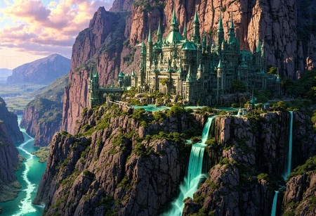 A breathtaking view of a Lord of the Rings-inspired green marble city, perched elegantly on the rugged side of a black mountain: (hugging the mountain:1.2). The city features stunning medieval architectural details: (intricate spires:1.3), (ornate walls made of jade:1.4) that shimmer in the light, creating a sense of opulence. Surrounding the city are cascading waterfalls and lush greenery, enhancing the fantasy atmosphere. The mountain's jagged structure contrasts beautifully with the smooth curves of the city’s design, while the sky above is painted in soft hues of twilight, adding a magical ambiance to the scene. The overall composition is rich in detail, evoking a sense of wonder and adventure.