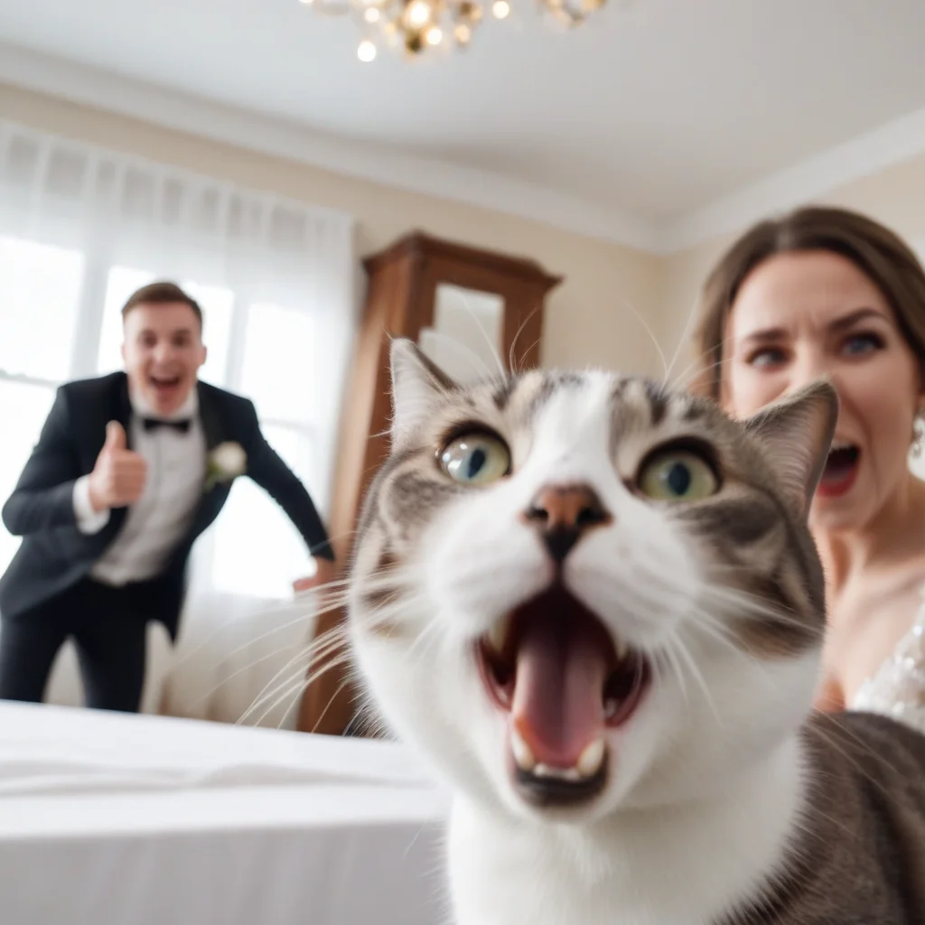 cinematic photo photobomb, excited cat foreground blurry, woman, man, wedding background,  <lora:CatPhotoBomb-000010:0.7>, (dutch angle), parody, meme . 35mm photograph, film, bokeh, professional, 4k, highly detailed