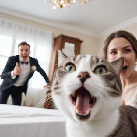 cinematic photo photobomb, excited cat foreground blurry, woman, man, wedding background,  <lora:CatPhotoBomb-000010:0.7>, (dutch angle), parody, meme . 35mm photograph, film, bokeh, professional, 4k, highly detailed
