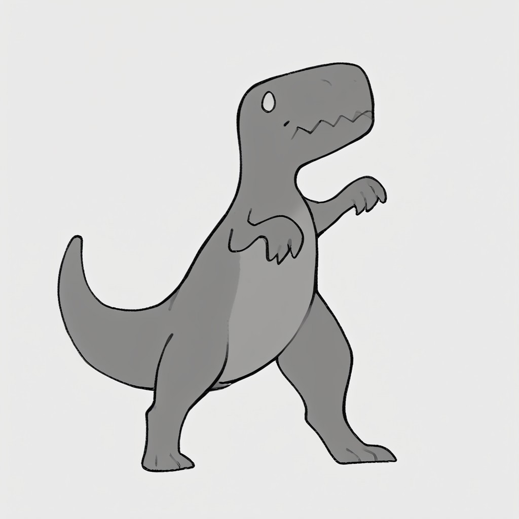 score_9, score_8_up, score 7_up, digital art, male focus, solo, (flat color:2), dinosaur (google chrome), full body, standing, dynamic pose:2, tail, monochrome, greyscale, looking at viewer, standing