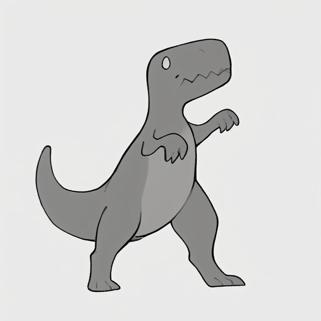 score_9, score_8_up, score 7_up, digital art, male focus, solo, (flat color:2), dinosaur (google chrome), full body, standing, dynamic pose:2, tail, monochrome, greyscale, looking at viewer, standing
