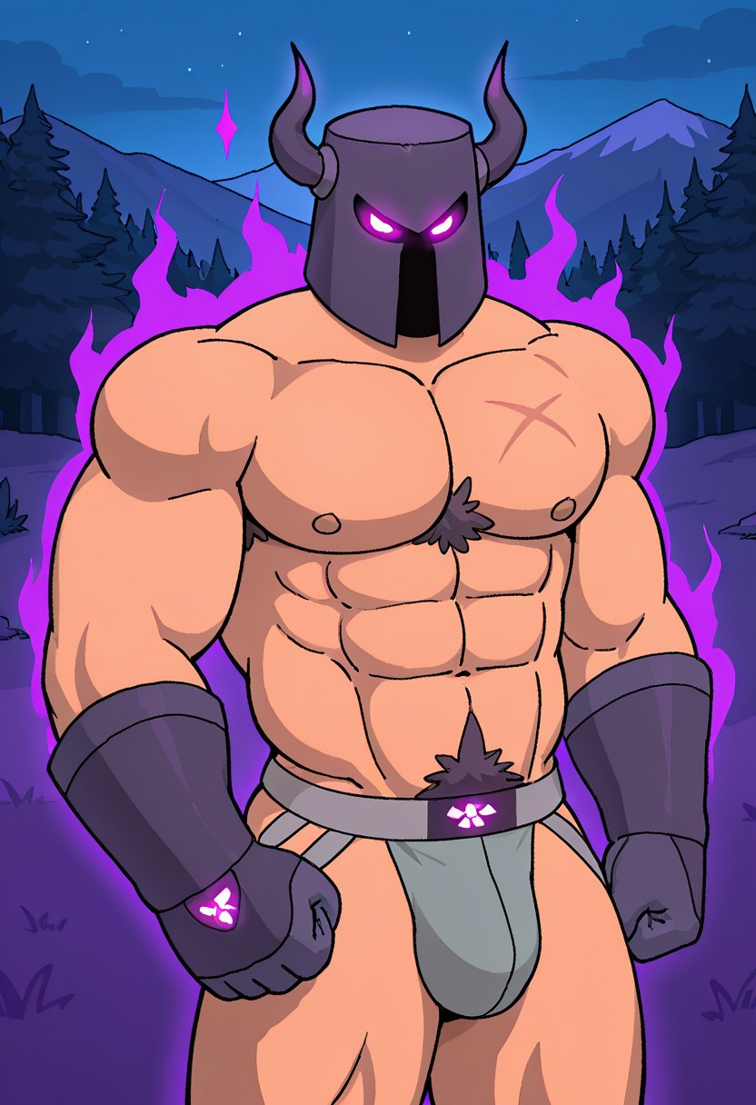 detailed background, detailed background, masterpiece, perfect quality, best quality, detailed, newest, very aesthetic, DarkKnightRMA, bara, solo, helmet, pectorals, abs, muscular, looking at viewer, topless male, jockstrap, 1boy, male focus, mountains background, night, glowing purple eyes, looking at viewer, purple aura, gloves