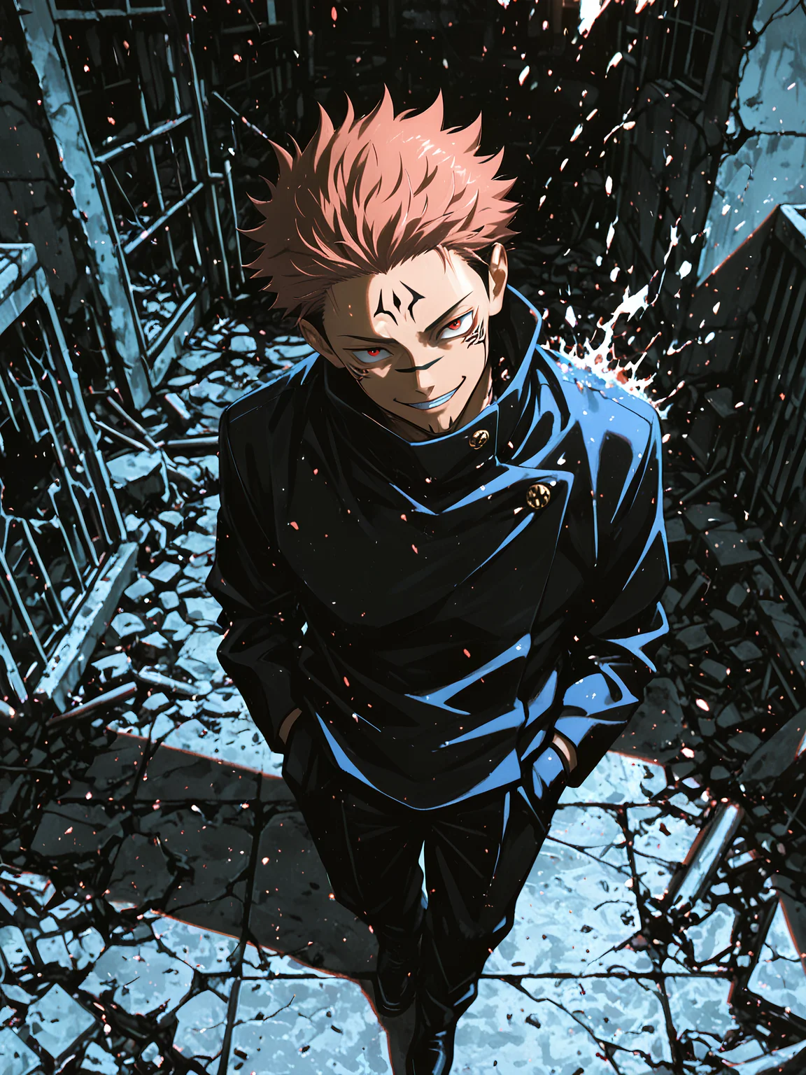 smooth quality, masterpiece, best quality, detailed face, anime realism, soft lighting, depth of field,dark, graphite \(medium\), destroyed city, ruins, BREAK 1boy, rooftop, full body, ryoumen sukuna \(jujutsu kaisen\), jujutsu tech uniform, from above, facing viewe, hands in pockets, smirk, head tilt, evil grin, looking at viewer, (disintegration effect:1.4), <lora:add-detail-xl:2>