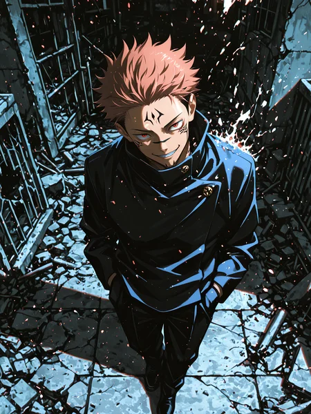 smooth quality, masterpiece, best quality, detailed face, anime realism, soft lighting, depth of field,dark, graphite \(medium\), destroyed city, ruins, BREAK 1boy, rooftop, full body, ryoumen sukuna \(jujutsu kaisen\), jujutsu tech uniform, from above, facing viewe, hands in pockets, smirk, head tilt, evil grin, looking at viewer, (disintegration effect:1.4), <lora:add-detail-xl:2>
