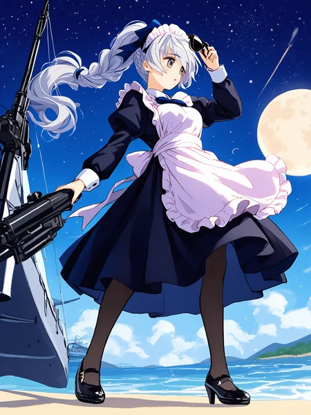score_9, score_8_up, score_7_up, score_6_up, source_anime, BREAK
1girl, <lora:FMP_Teletha_Testarossa_Pony_v1:0.9>, (ultra-detailed:1.5), (night time, stars, dark sky:1.3), (moon:1.2), outdoors, (luxury yacht, standing atop yacht:1.5), ocean, telethamaid, grey hair, hair bow, grey eyes, crown braid, (braided ponytail, floating hair:1.2), black footwear, (high heels:1.1), (mary janes:1.5), (black dress:1.2), long dress, brown pantyhose, frills, petticoat, (maid apron, long apron:1.5), maid headdress, long sleeves, (white bowtie:1.2), (looking away, legs apart, looking sideways:1.4), (holding unworn eyewear, sunglasses:1.1), (holding weapon:1.5), (p90, submachine gun:1.1 (from below:1.4),