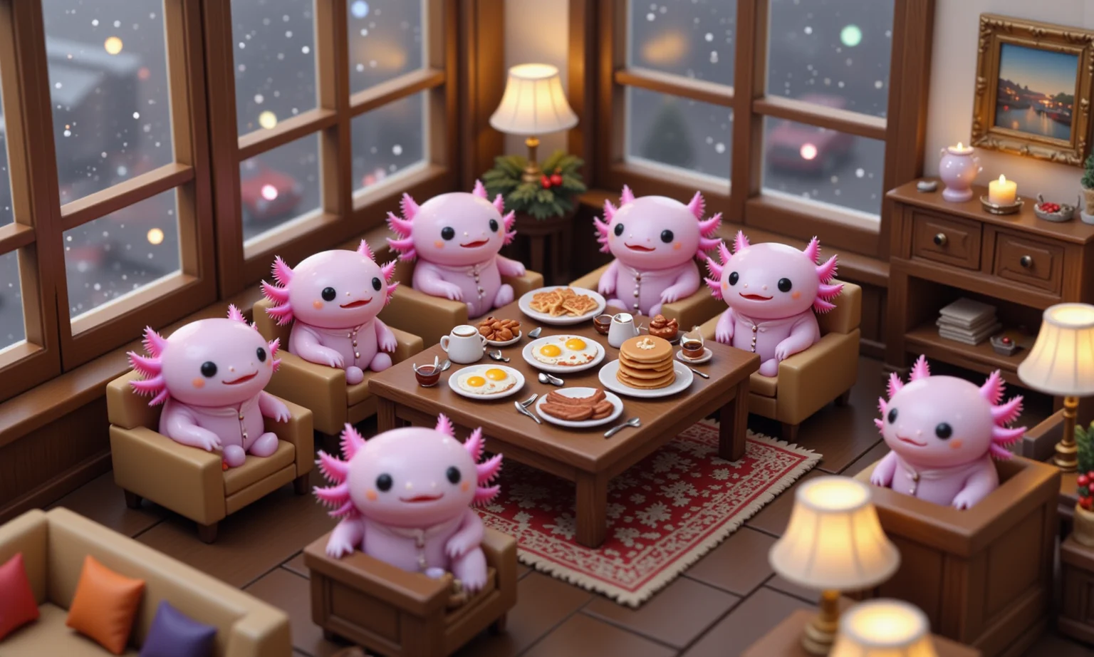 top down tilt shift image of tiny cute anthropomorphized axolotls with pink frilly gills and round black eyes,  high-angle shot of a group of pink axolotls enjoying breakfast in a cozy hotel lobby with floor-to-ceiling windows, all wearing tiny pajama sets as they sit at a small table piled high with eggs, sausage, bacon, pancakes, and tiny syrup pitchers; snow falls softly outside, with the scene warmly lit by lamps and natural morning light; tilt-shift effect blurs the plush armchairs, holiday decor, and lobby furniture in the background, creating a warm, inviting breakfast scene with an intimate miniature feel<lora:Axomodel_Flux_V2.safetensors:1.0:1.0> <lora:isometric.safetensors:1:1>