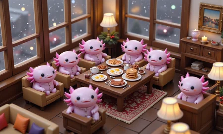 top down tilt shift image of tiny cute anthropomorphized axolotls with pink frilly gills and round black eyes,  high-angle shot of a group of pink axolotls enjoying breakfast in a cozy hotel lobby with floor-to-ceiling windows, all wearing tiny pajama sets as they sit at a small table piled high with eggs, sausage, bacon, pancakes, and tiny syrup pitchers; snow falls softly outside, with the scene warmly lit by lamps and natural morning light; tilt-shift effect blurs the plush armchairs, holiday decor, and lobby furniture in the background, creating a warm, inviting breakfast scene with an intimate miniature feel<lora:Axomodel_Flux_V2.safetensors:1.0:1.0> <lora:isometric.safetensors:1:1>