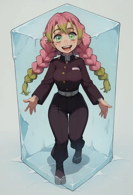 great detail, focus on girl, (full body shot), best quality, masterpiece, 
kanroji-mitsuri, 1girl, braid, breasts, demon slayer uniform, gradient hair, green eyes, green hair, long hair, long sleeves, looking at viewer, medium breasts, mole, mole under eye, multicolored hair, open mouth, pink hair, smile, solo,twin braids,
, score_9, score_8_up, score_7_up,
stuck inside ice cube, verybadimagenegative_v1.3, easynegative