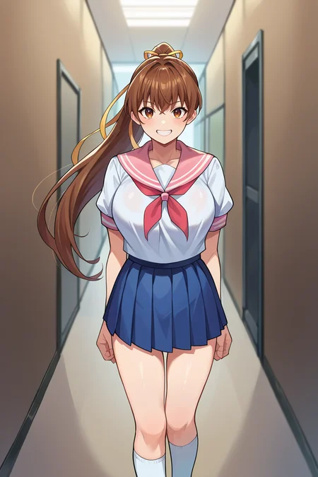 score_9, score_8_up, score_7_up, score_6_up, source_anime, BREAK 1girl, solo <lora:doakasumi-pdxl-nvwls-v1-000006:1> doakasumi, brown hair, ponytail, hair ribbon, large breasts, pink sailor collar, neckkerchief, short sleeves, pleated skirt, grin, hallway
