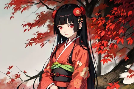 enma_ai 1girl, solo, hair down, hair black, bangs hair, eyes red, kimono, underlayer kimono, ornamental hairpun, obi sas, night, village, (masterpiece) 1girl, (8k, RAW photo, best quality, ultra high res, photorealistic, ultra-detailed), ninym ralei