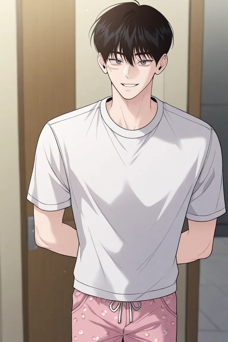 score_9, score_8_up, score_7_up,score_6_up,score_5_up,score_4_up,source_anime,BREAK, rating_safe, intricate details , , , anime screencap, anime coloring, official style, depth of field,1boy, solo, male focus , , ,<lora:goo_yoon_won:0.76>,goo yoon won,black hair,grey eyes,short hair,,bangs,hair between eyes,shirt, standing,scar, white shirt, short sleeves, cowboy shot, pants, indoors, hand up, blurry, animal print, t-shirt, arm behind back, door, smiling,looking at viewer,from above,pink pajamas pants,mature, , , <lora:sdxl_lightning_8step_lora_315544:1>