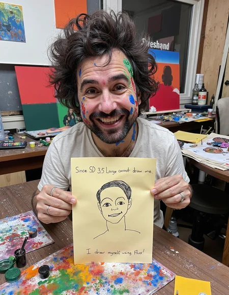 In a close-up shot inside a messy artistâs studio, a slightly unhinged-looking guy in his late 30s, with wild hair and paint splattered all over his face and shirt, holds up a piece of paper proudly. Heâs grinning like heâs just solved a life mystery, showing off his "masterpiece" with pure, chaotic joy. The paper reads: "Since SD 3.5 Large cannot draw me, I drew myself using Flux!" The self-portrait is a stick figure that looks like a childâs scribble, but the manâs expression says he genuinely believes it's a masterpiece. Behind him, paint tubes and half-finished canvases are scattered everywhere, adding to the creative madness of the scene <lora:amateurphoto-v6-forcu:0.8>