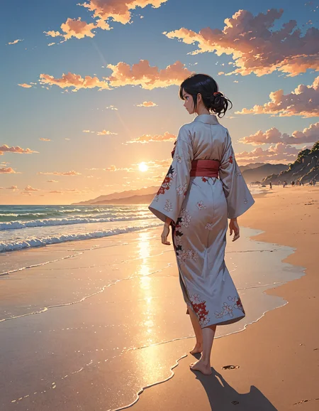 2D anime style, anime screencap, tranquil sunset beach scene, girl in kimono walking along the shore, soft glowing light from the setting sun, detailed sand and waves, surreal twilight sky with vibrant shades and whimsical clouds, intricate light and shadows, serene atmosphere, high quality, ultra-detailed, cinematic, trending on artstation