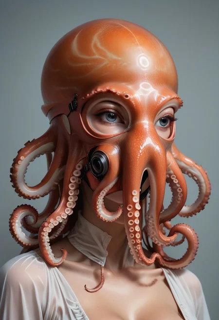 score_9, score_8_up, score_7_up, rating_safe, concept art, semi-realistic, 1girl, solo.
Young beautiful face, fit body, 
(Big breast:1.2), (Round breast:1.2).
OctopusMask, ((Octopus full mask))