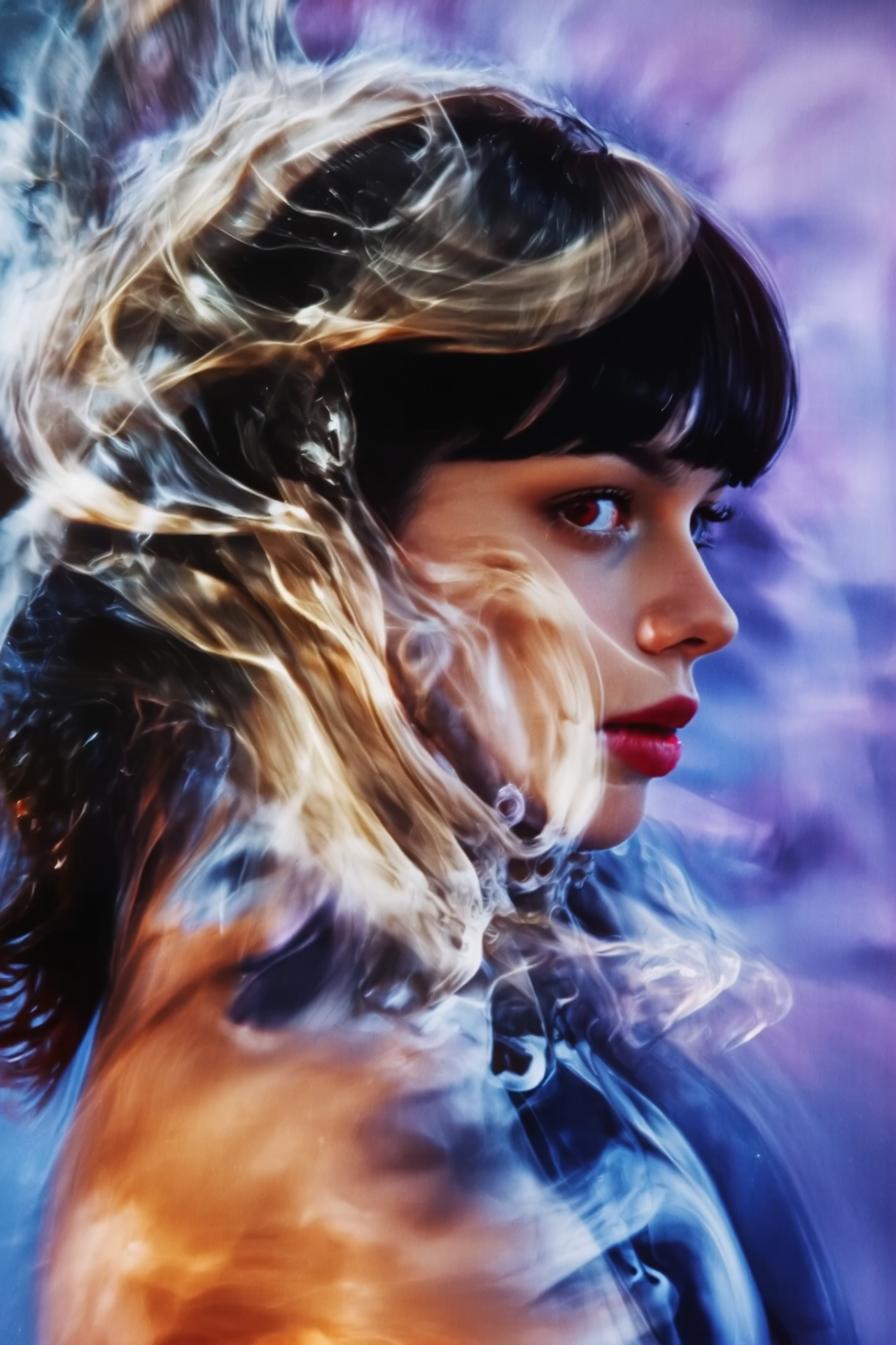 w1z_v1zu4l_h41ku, Candid portrait of a abstract surreal motion blur figure in profile, detailed macro photography background of an abstract surreal red iris, vibrating lilac, pulsating periwinkle . windy wild hair with bangs sway in blur, turning around. Fine art photography,
