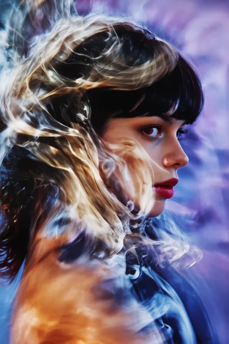 w1z_v1zu4l_h41ku, Candid portrait of a abstract surreal motion blur figure in profile, detailed macro photography background of an abstract surreal red iris, vibrating lilac, pulsating periwinkle . windy wild hair with bangs sway in blur, turning around. Fine art photography,