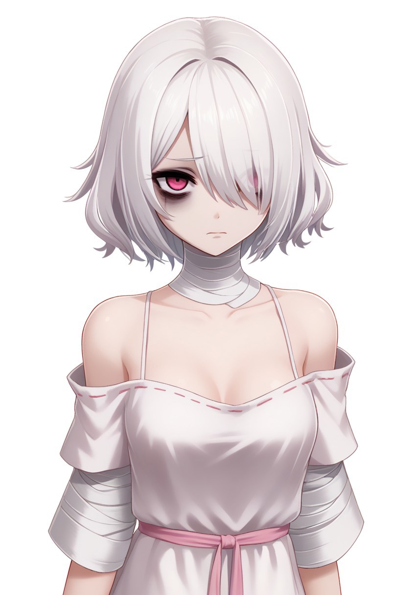 score 8 up, solo,1girl, white hair, hair over one eye, two-tone eyes, pink eyes, red eyes, white clothing, spaghetti_strap, oversized blouse, medium breasts, bags under eyes, mascara, bandaged_neck, bare legs, fewarriorsportraits, portrait, white background