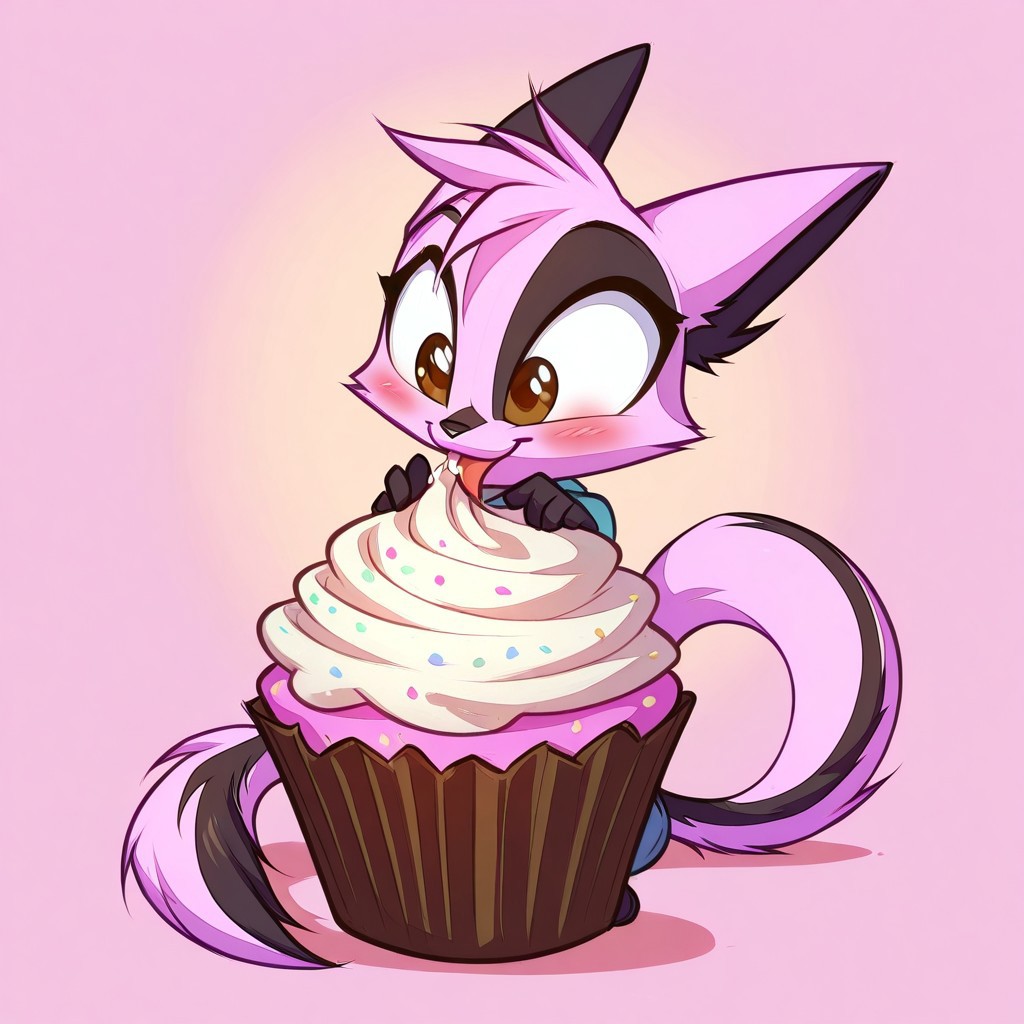Dreamkeepers,1girl,Prelude_Vi,solo,furry,tail,source_furry,hazel eyes,
child, kid, 
chibi, food, cupcake, sitting, licking, frosting, sweet, cute, big eyes, blush, smile, pastel colors, simple background, food focus, small body, playful, dessert, happy, A chibi character sitting on a giant cupcake, licking frosting off their fingers., cute, happy,