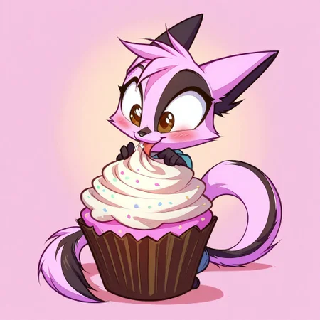 Dreamkeepers,1girl,Prelude_Vi,solo,furry,tail,source_furry,hazel eyes,
child, kid,
chibi, food, cupcake, sitting, licking, frosting, sweet, cute, big eyes, blush, smile, pastel colors, simple background, food focus, small body, playful, dessert, happy, A chibi character sitting on a giant cupcake, licking frosting off their fingers., cute, happy,