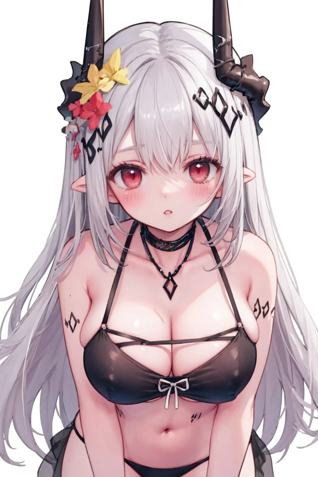 mdrk, black bikini, black ribbon, 1girl, solo, breasts, jewelry, large breasts, cleavage, white background, looking at viewer, simple background, navel, blush, cowboy shot, parted lips, collarbone, stomach, leaning forward,
,<lora:MudrockSilentNightV2Normal:1>,