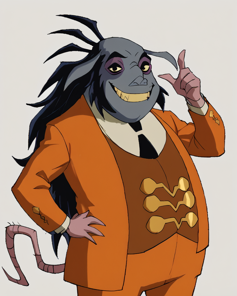 <lora:ArgitBen10Pony1.0:1> argit, balding, solo, 1boy, male focus, formal, orange suit, teeth, long hair, black hair, necktie,smile,yellow eyes, smile,   score_9, score_8_up, score_7_up, score_6_up, score_5_up, score_4_up, looking at viewer, hand on own hip, cowboy shot,white background,