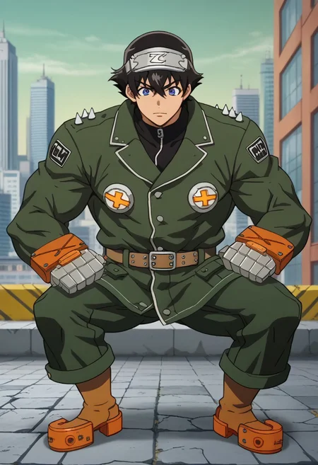 score_9, score_8_up, 1boy, yukiteru_amano's head, ggstpot's body, source_anime, anime screencap, anime coloring, 2d, zPDXL2, black hair, blue eyes, short hair, hair between eyes, huge male, ultra-muscular male, no helmet, green jacket, pants, boots, gauntlets, belt, spikes, outdoors, detailed background, cityscape, torn up pavement, cracked pavement, flexing muscles, power stance, imposing presence, goofy expression, confident
