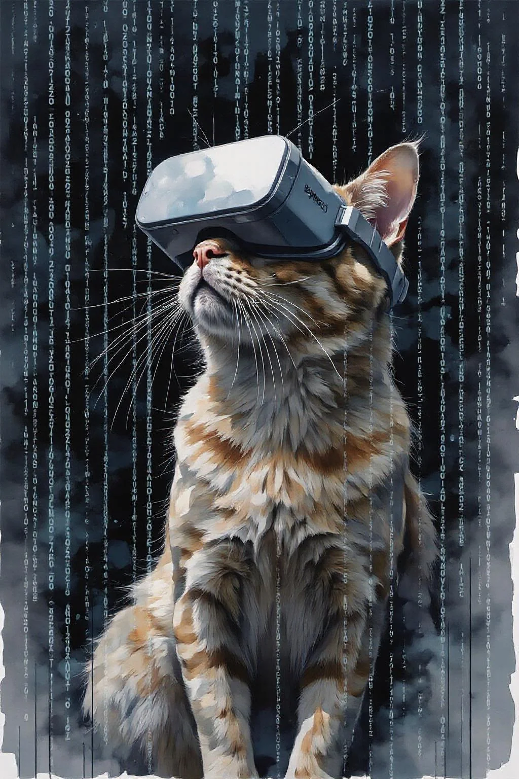yawc1 watercolor.
A matrix code waterfall is filling the screen, double exposure with A cat playing game, wearing a VR Headset, looking up. The headset is displaying the matrix code waterfall <lora:yawcolor_nocap_d4a2:1.0> <lora:schnell_v1.0:1.0><lora:798389168834121328:0>