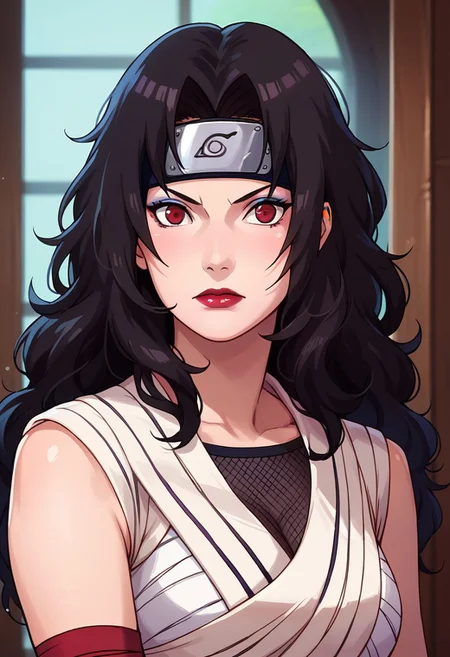 score_9, score_8_up, score_7_up, score_6_up, score_5_up, score_4_up, 1girl, slim, fit, realistic, beautiful eyes, kurenai, (/Naruto)/, (ultra HD quality details), black hair, wavy hair, long hair, (red eyes), lipstick, makeup, forehead protector, konohagakure symbol, white dress, Sarashi, single sleeve, fishnet top, shorts, bandages, bandaged arm, mouth opened, hiding, focusing on colorful beetle, portrait, face focus, upper body,