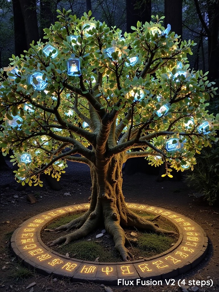 An ancient tree with holographic leaves. The trunk is gnarled and twisted, with roots deeply embedded in a bed of glowing moss. The leaves are not organic but made of light, shifting through soft hues of green, blue, and gold. Each leaf displays a different piece of information or ancient knowledge, flickering gently as if made of pure energy. Surrounding the tree is a circular stone platform inscribed with glowing runes, creating an atmosphere of mystical technology blending with ancient nature.
