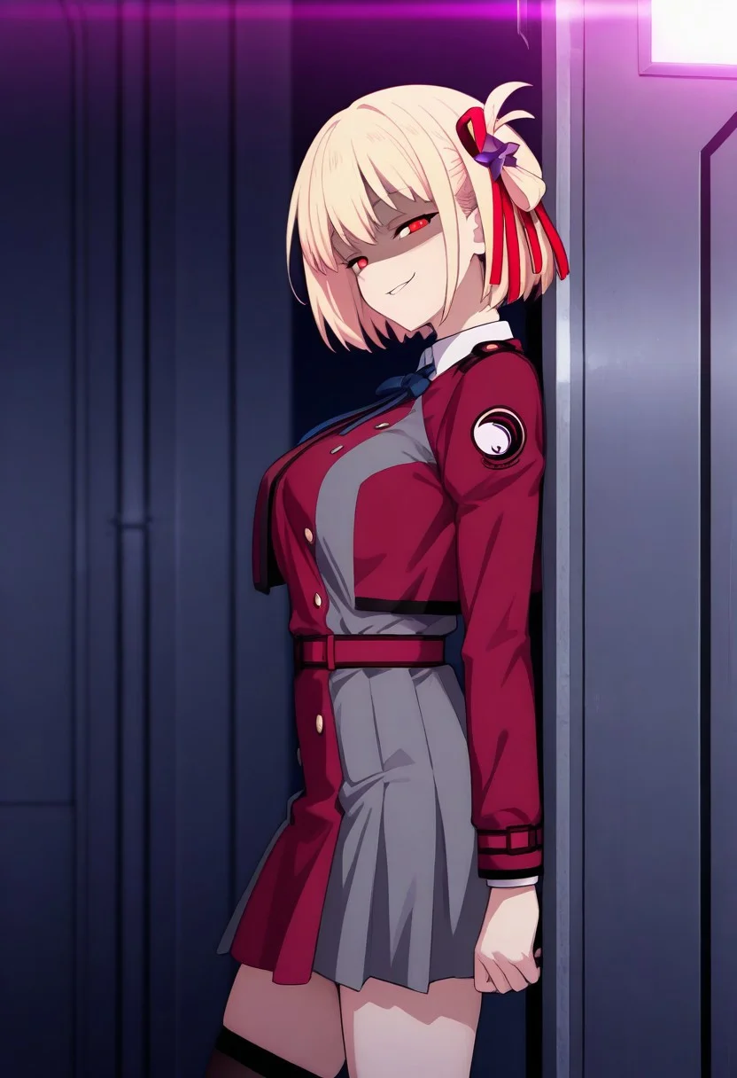 masterpiece, score_9, score_8_up, score_7_up, score_6_up, score_5_up, score_4_up, (hyper extreme detailed), (hyper quality), game CG, (colour:1.2), 
1girl, solo, nsfw, 
1girl, chnsh, medium breasts, blonde hair, red eyes, short hair,  (highlight of shaded face, (seductive smile:1.2), (smirk),
one side up, hair ribbon, red ribbon, blue neck ribbon, two-tone dress, red dress, grey dress, pleated dress, long sleeves, white collared shirt, red belt, black kneehighs, 
nsfw, corruption, waruochi, submissive, 
standing, 
sci-fi, very dark, detailed starship corridor, purple shimmering light, backlight,
long shot, cowboy shot, (side view:1.2), looking at viewer,
