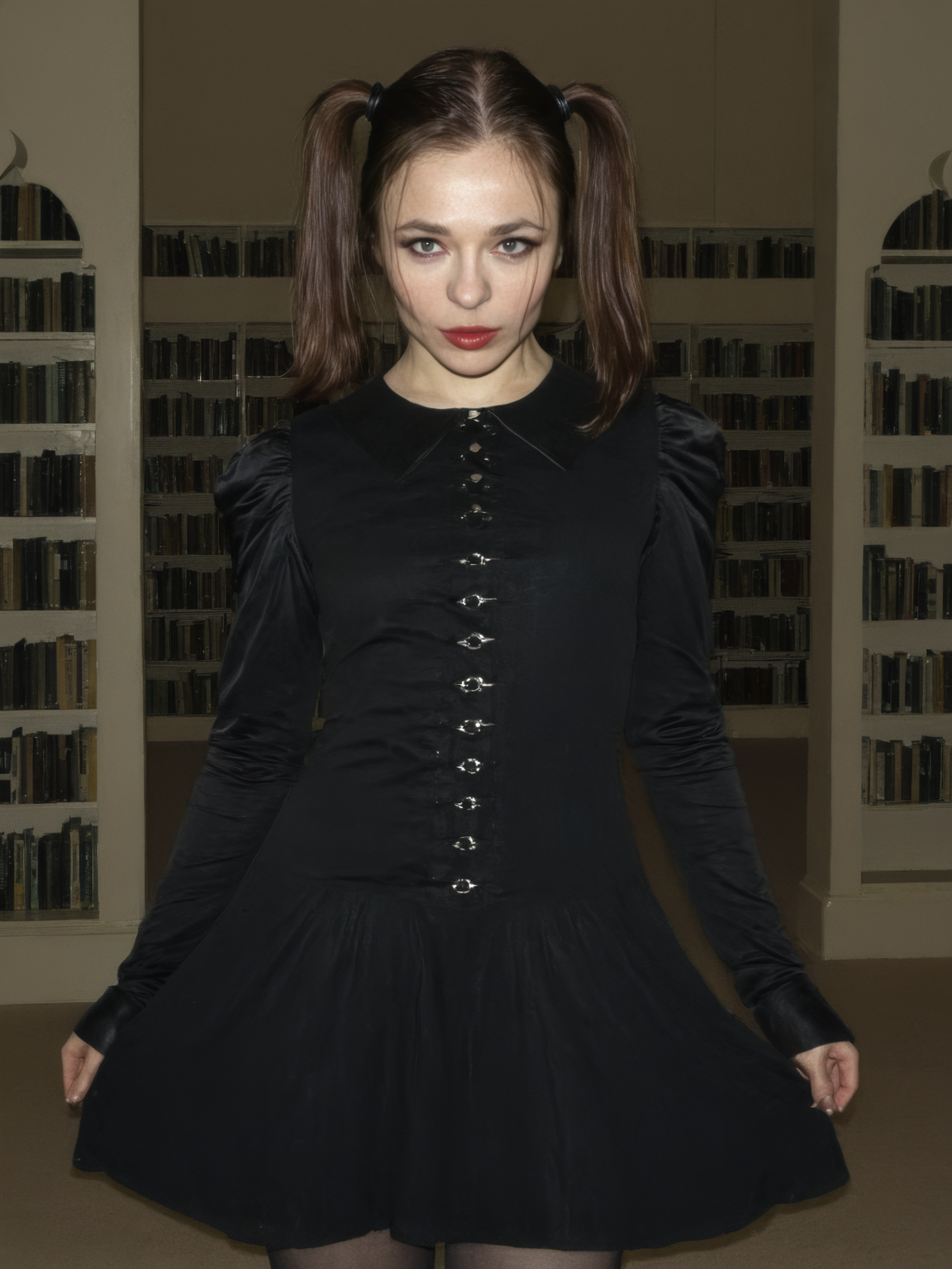 nina_kraviz, gothic dress, twin tails, library, soft lighting, dramatic tone