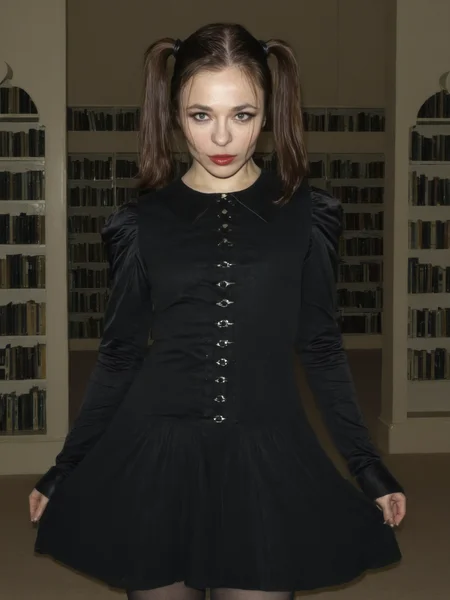 nina_kraviz, gothic dress, twin tails, library, soft lighting, dramatic tone