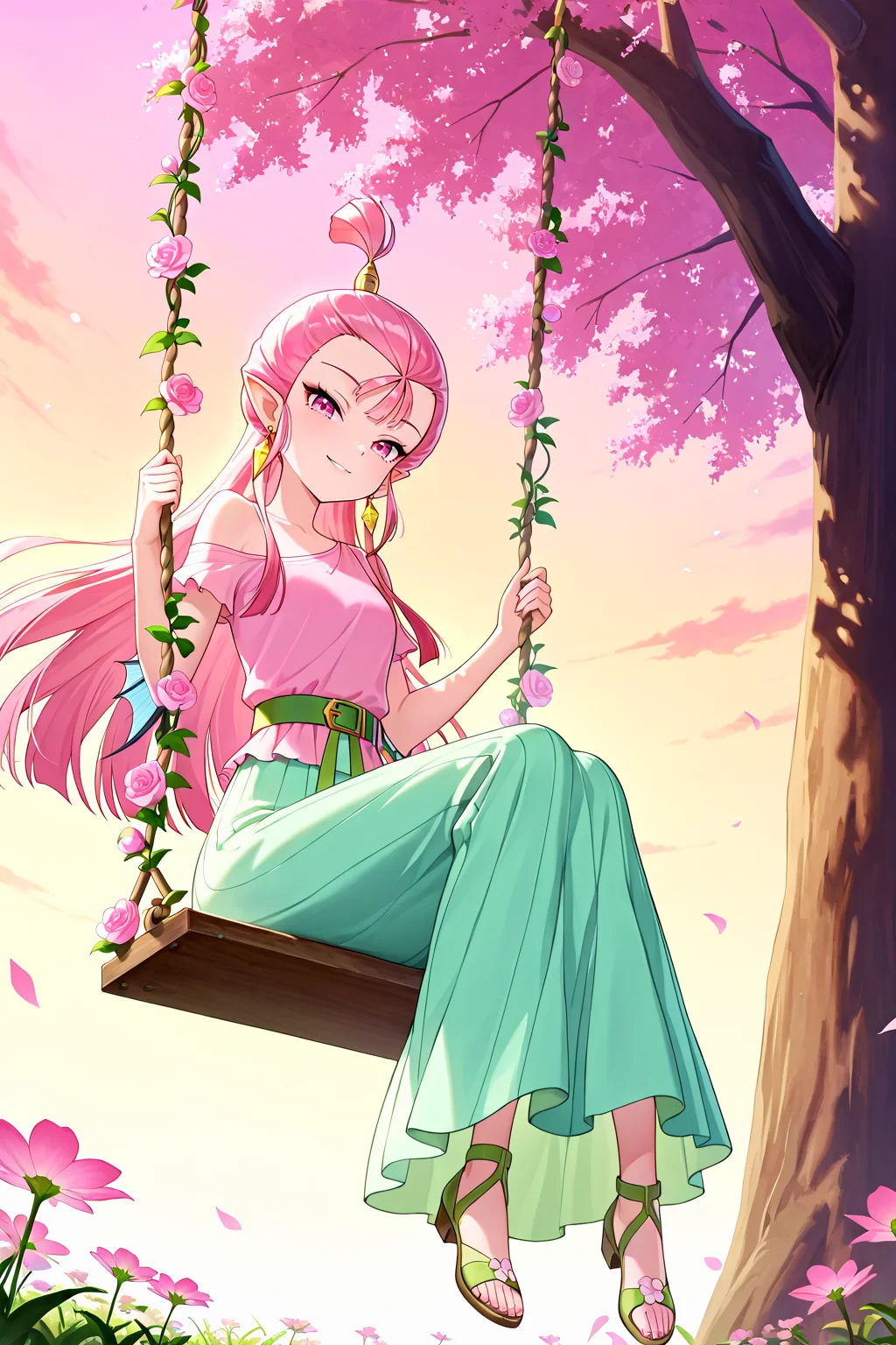 from below,swing,swing set,sitting on swing,swinging,flower swing,outdoors,
1girl,looking at viewer,full body,seductive smile,long legs,slim legs,
Best quality,masterpiece,soft light,official art,high quality,highres,absurdres,epic scene,natural textures,<lora:Xiao Long Nv IL:1>,xiao long nv,long hair,pink hair,topknot,earrings,jewelry,hair bun,fins-shaped hair bun,single hair bun,pointy ears,pink eyes,fins on arms,pink clothes,green skirt,long skirt,green belt,one bare shoulder,
