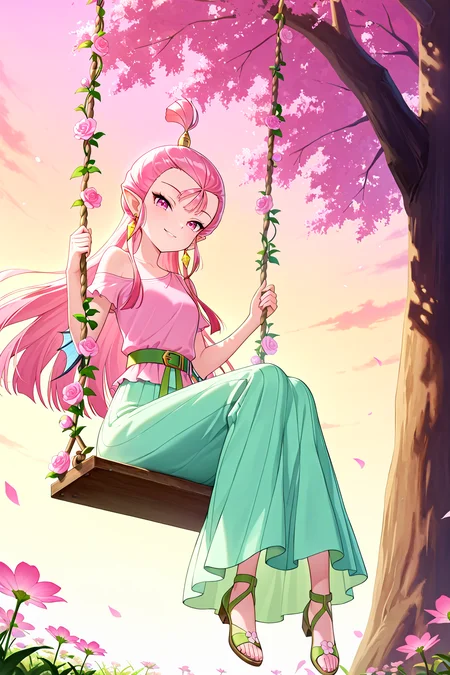 from below,swing,swing set,sitting on swing,swinging,flower swing,outdoors,
1girl,looking at viewer,full body,seductive smile,long legs,slim legs,
Best quality,masterpiece,soft light,official art,high quality,highres,absurdres,epic scene,natural textures,<lora:Xiao Long Nv IL:1>,xiao long nv,long hair,pink hair,topknot,earrings,jewelry,hair bun,fins-shaped hair bun,single hair bun,pointy ears,pink eyes,fins on arms,pink clothes,green skirt,long skirt,green belt,one bare shoulder,