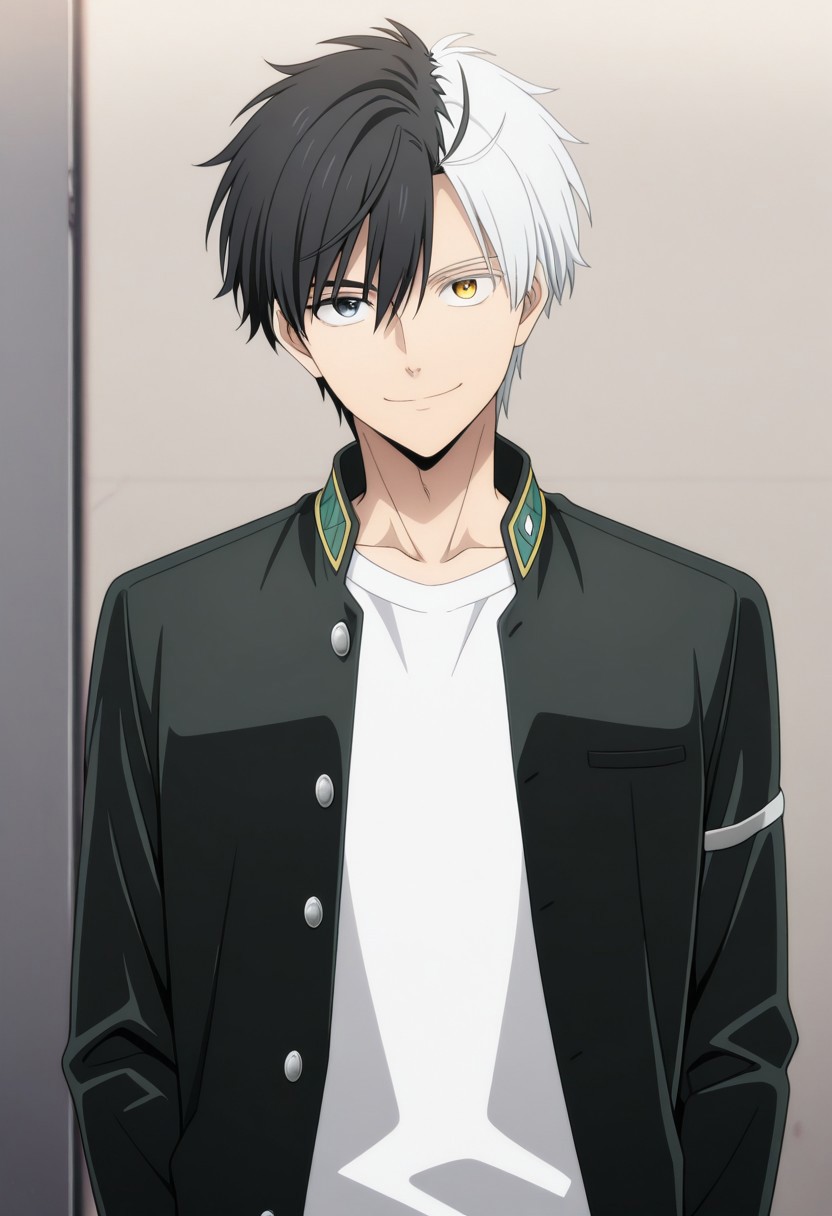 masterpiece,best quality,amazing quality, source_anime, 
sakuharuka, 1boy, male focus, solo, heterocromia, grey eyes, yellow eyes, split-color hair, black hair, white hair, school uniform, jacket, black jacket, open jacket, shirt, white shirt, smile, looking at viewer,