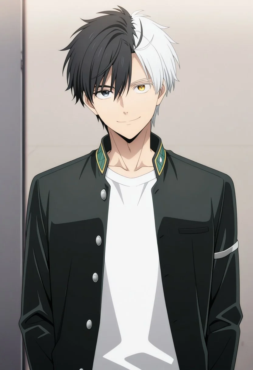 masterpiece,best quality,amazing quality, source_anime,
sakuharuka, 1boy, male focus, solo, heterocromia, grey eyes, yellow eyes, split-color hair, black hair, white hair, school uniform, jacket, black jacket, open jacket, shirt, white shirt, smile, looking at viewer,