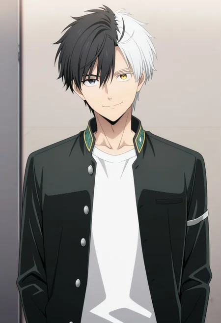 masterpiece,best quality,amazing quality, source_anime,
sakuharuka, 1boy, male focus, solo, heterocromia, grey eyes, yellow eyes, split-color hair, black hair, white hair, school uniform, jacket, black jacket, open jacket, shirt, white shirt, smile, looking at viewer,