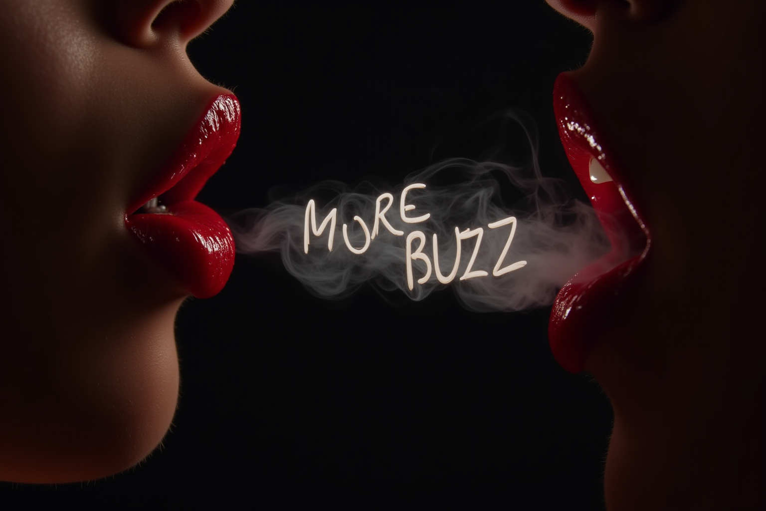 darkbackground,rim light, side view, close up of a woman's mouth, red glossy lips, the woman blows out smoke which made the letters("MORE BUZZ":1.1),(anime style:0.4)