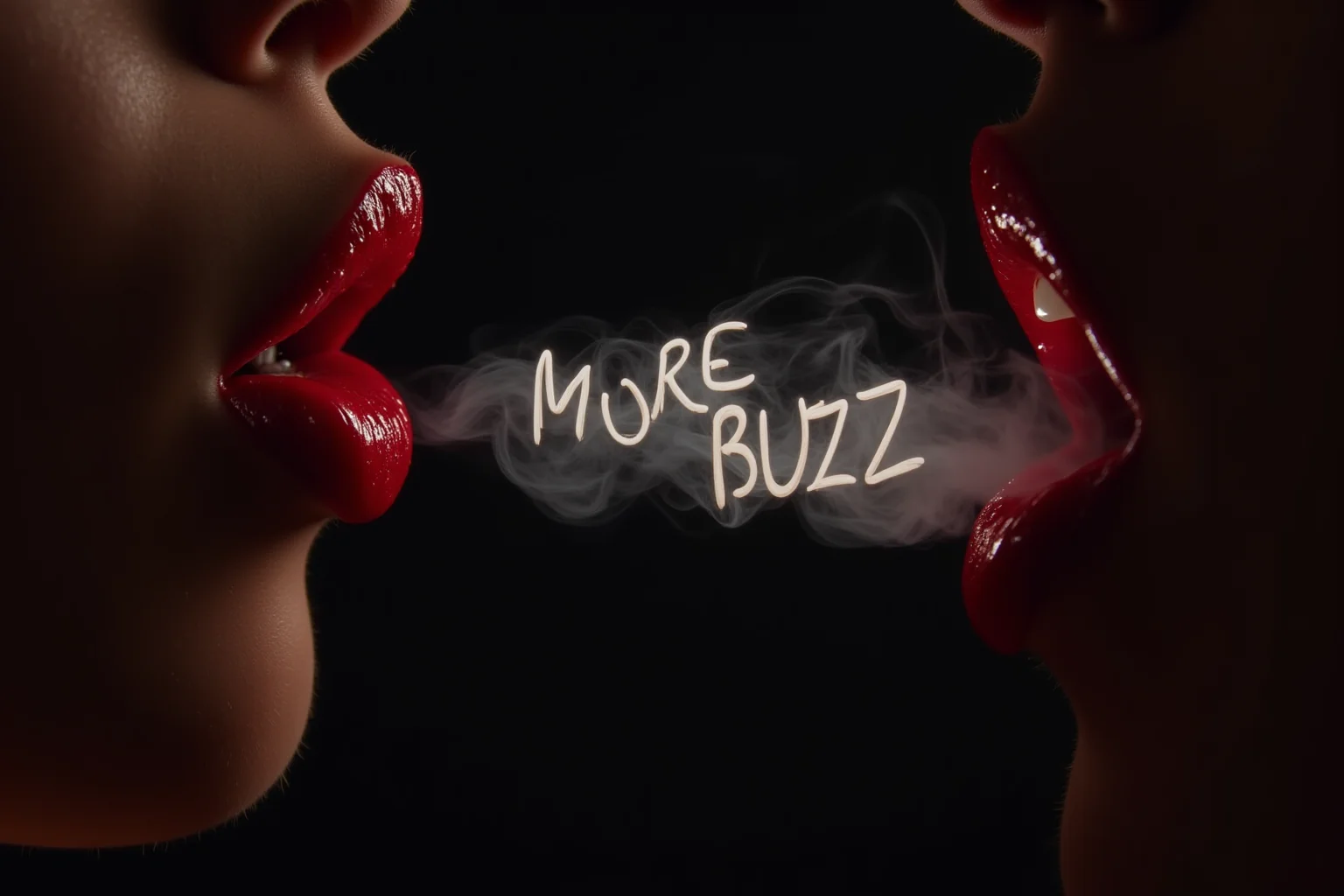 darkbackground,rim light, side view, close up of a woman's mouth, red glossy lips, the woman blows out smoke which made the letters("MORE BUZZ":1.1),(anime style:0.4)