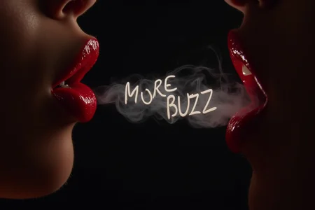 darkbackground,rim light, side view, close up of a woman's mouth, red glossy lips, the woman blows out smoke which made the letters("MORE BUZZ":1.1),(anime style:0.4)