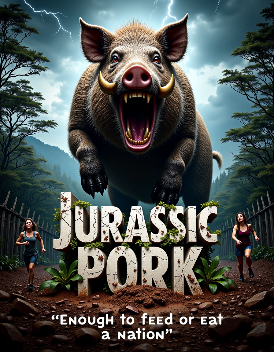 A bold movie poster for "Jurassic Pork" features a towering, menacing boar with sharp tusks, roaring, standing on two legs, resembling a prehistoric beast. The boar looms over a dark jungle landscape, with trees and broken fences in the background, suggesting an escape from a containment area. In the foreground, terrified characters run away from boar, glancing back at the monstrous pig. The title "Jurassic Pork" is displayed in large, cracked stone letters, with vines and mud covering parts of the text. Above, a stormy sky crackles with lightning, casting an eerie glow over the chaotic scene. in small letters text "Enough to feed or eat a nation", <lora:flux\aidmaTextImprover-FLUX-V0.2.safetensors:0.7000000000000001:0.7000000000000001>