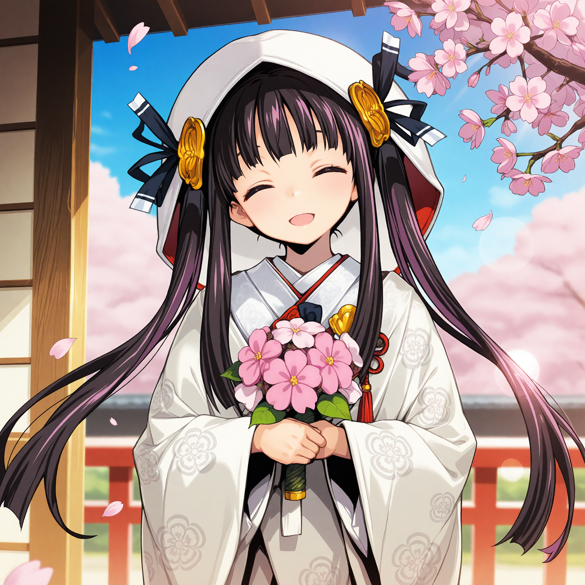 <lora:dohna_art_1_nai_Loha:1>,dohna art,
<lora:Oda_Kou_1_nai:1>,Oda Kou,twintails,hair ornament,hair ribbon,
BREAK
1girl,solo,holding bouquet,smile,closed eyes,head tilt,uchikake,looking at viewer,open mouth,front view,sky,cherry blossoms,falling petals,wind,depth of field,lens_flare,shouji,outdoors,