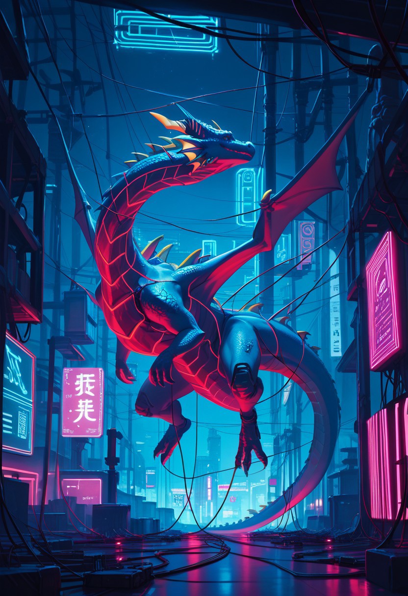 score_9, score_8_up, score_7_up, source_anime, deep colors, high quality, high resolution, detailed, highres, 
neon, wires, (dragon:1.2) made of wires, cables, outlined with wires and neon, neon outlines, wire sculpture, neon wire sculpture
neon glow, Cyberpunk Japanese village background,