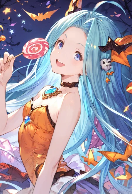 score_9, score_8_up, score_7_up,score_6_up, source_anime, best quality, aesthetic, absurdres,
halloween, halloween costume, official alternate costume, hair ornament, (miniskirt:1.2), holding (sucker, candy:1.2), gem,
1girl, solo, smile, upper teeth only, (clear eyes:1.1), looking at viewer,
Lyria (Granblue Fantasy), very long hair, blue hair, (body_slim:1.1), small breasts, bare legs,
<lora:Lyria-Pony:0.8> <lora:IshikePony:0.2>