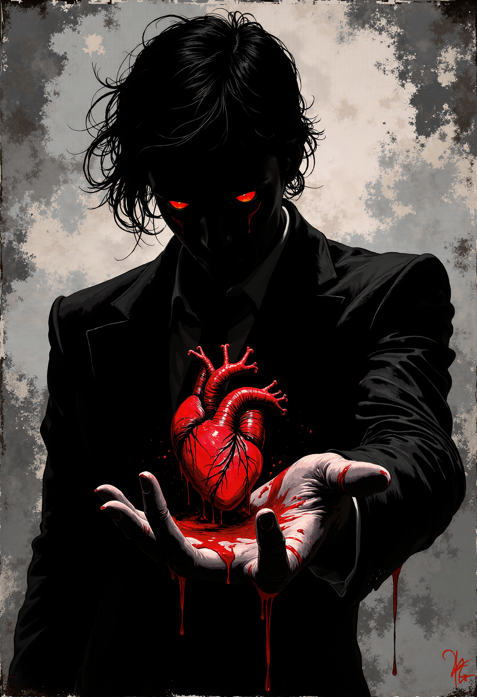 a black correspondence silhouette with red eyes created from ink in an abstract semi-darkness. He holds out his hand, which contains a living, bleeding heart. He squeezes it slightly, digging his claws into it. It is veined . The emphasis of the image is placed on the heart.  <lora:flux_train_replicate:0.5>, Style of BNR red highlights and outlines ,  <lora:Wraith_BW_Flux:0.7> B&W ,  <lora:FLUX-daubrez-DB4RZ-v2:0.8> , <lora:detailed_v2_flux_ntc:0.5>